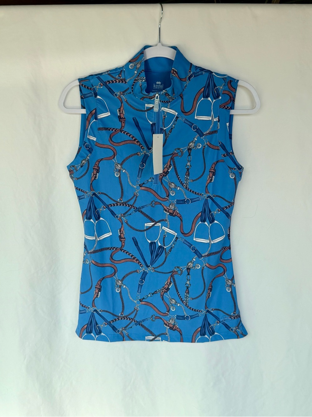 NWT- Kastel Denmark Blue Equestrian-Print Sleeveless Zip Tank